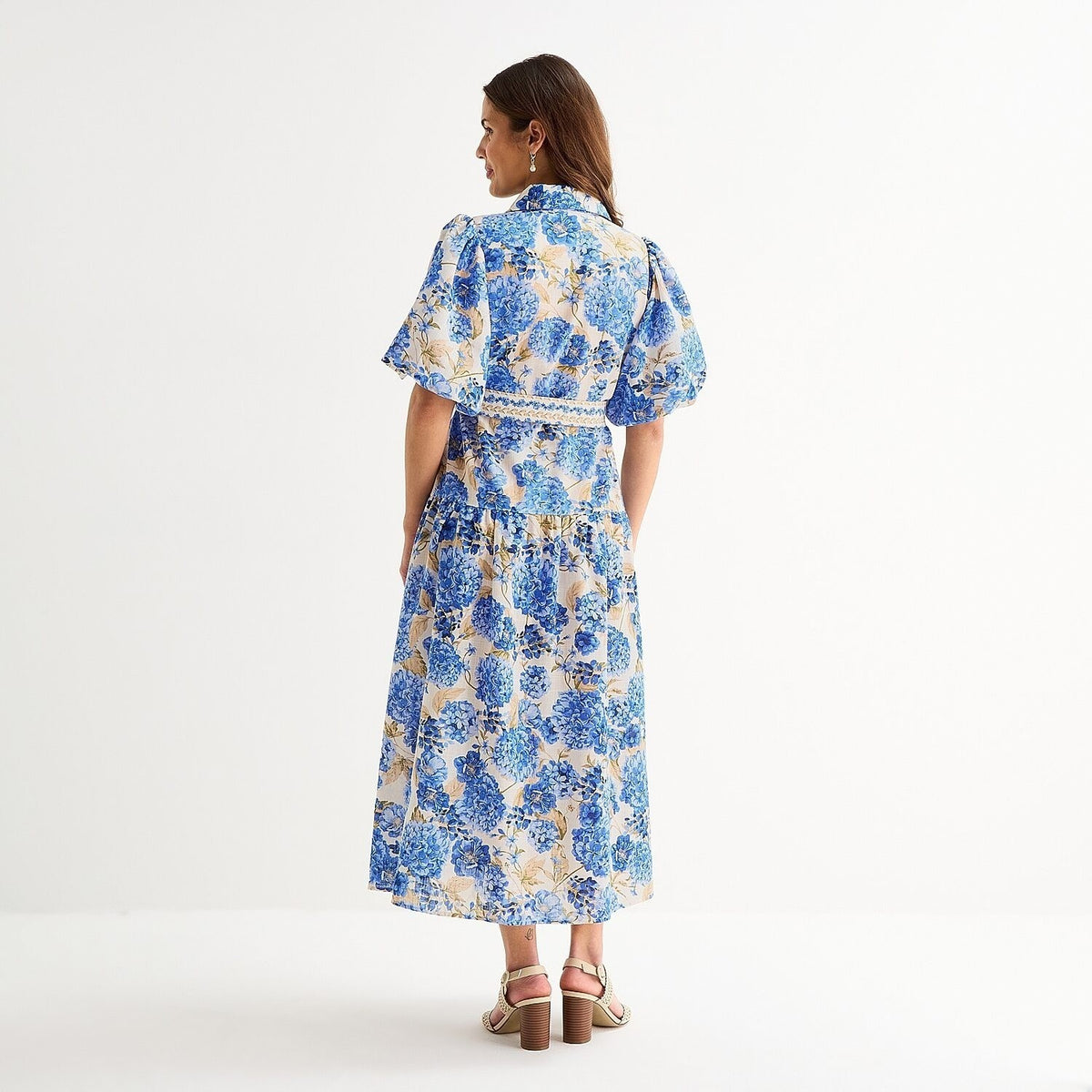 MSRP $89 Melonie T Womens 8 Ivory/Blue Floral Belted Midi Shirt Dress Short