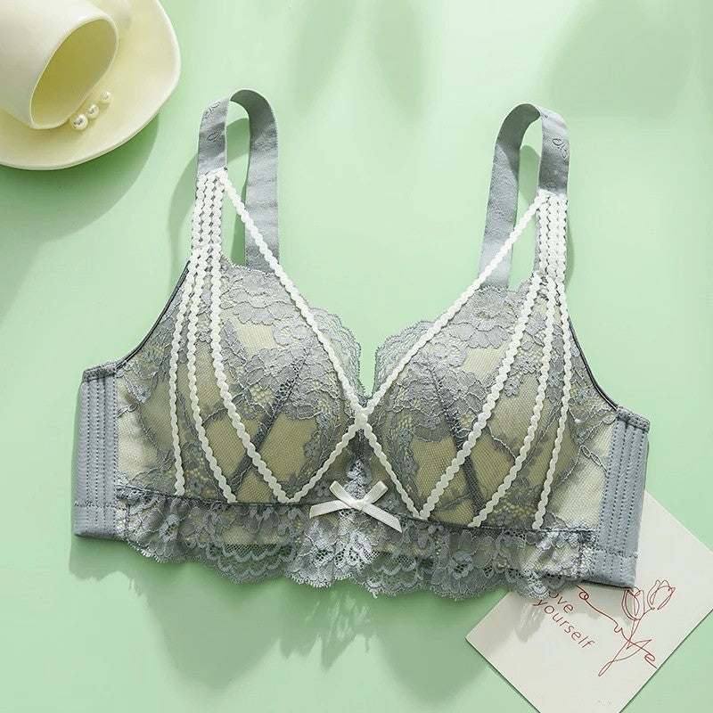 Women’s Plus Size 38-44/85-100 C-D Grey Floral Lace Wireless Bra, Full Coverage,