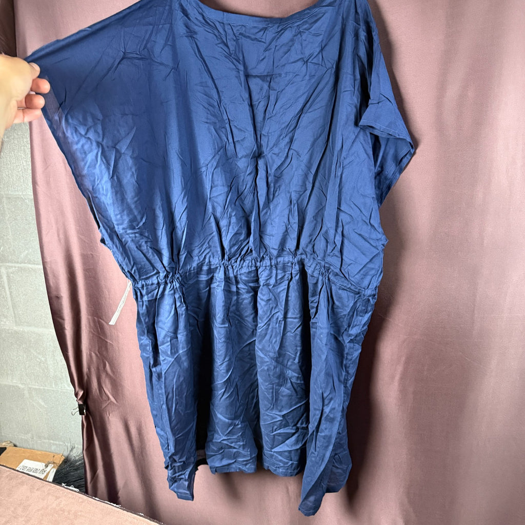 Lands End Women's M-L Deep Sea Navy Sheer Short Sleeve Gathered Waist Swim Dress