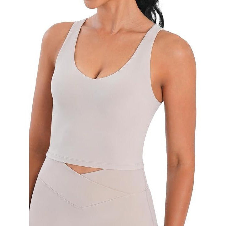 MSRP $24 Sunzel Women's XL Beige Built-in Bra V Neck Longline Sports Bra for Yo