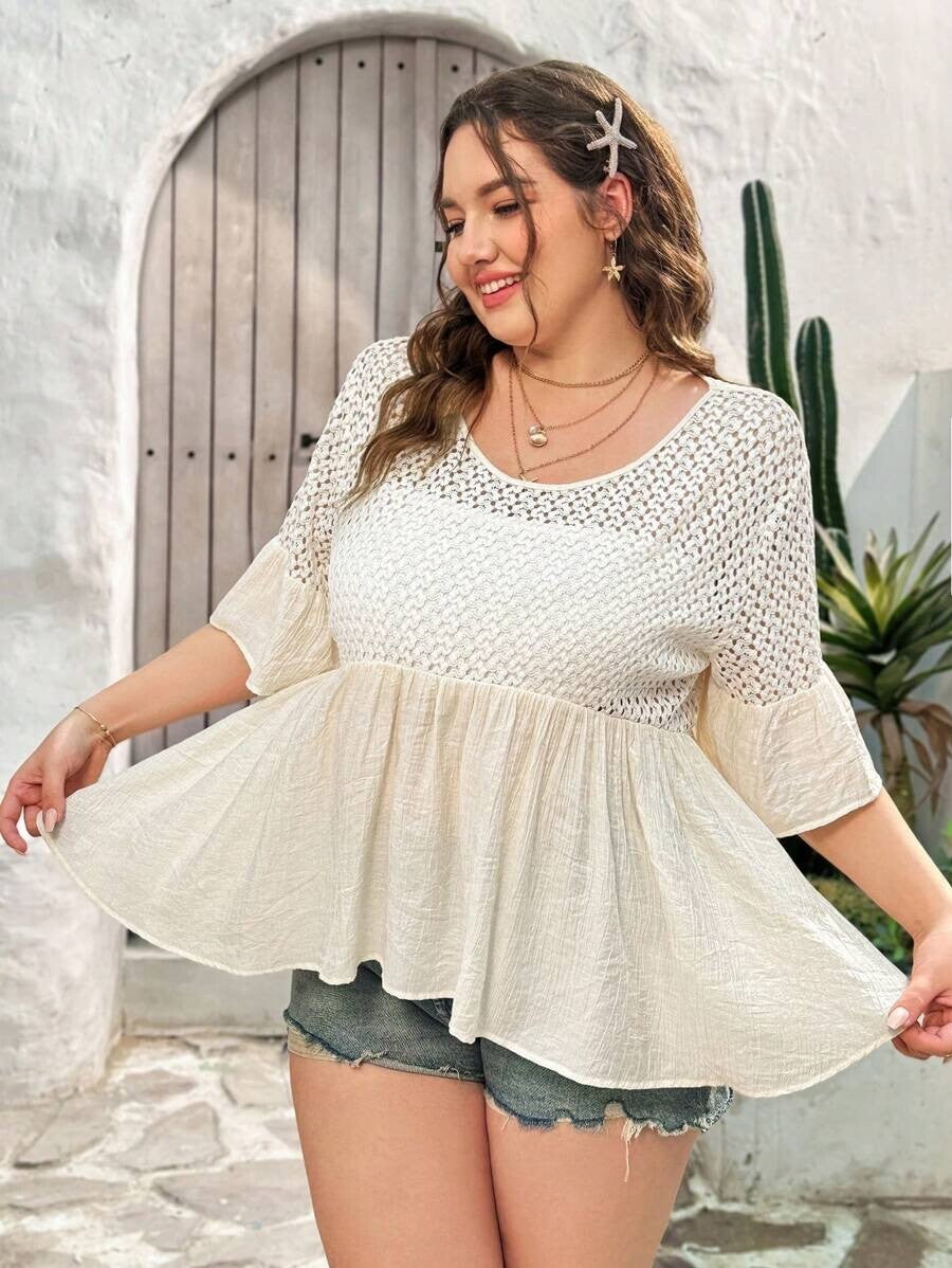 Dreamara Women's Plus Size 1XL Apricot Knitted Ruffle Trim Blouse For Holiday Su