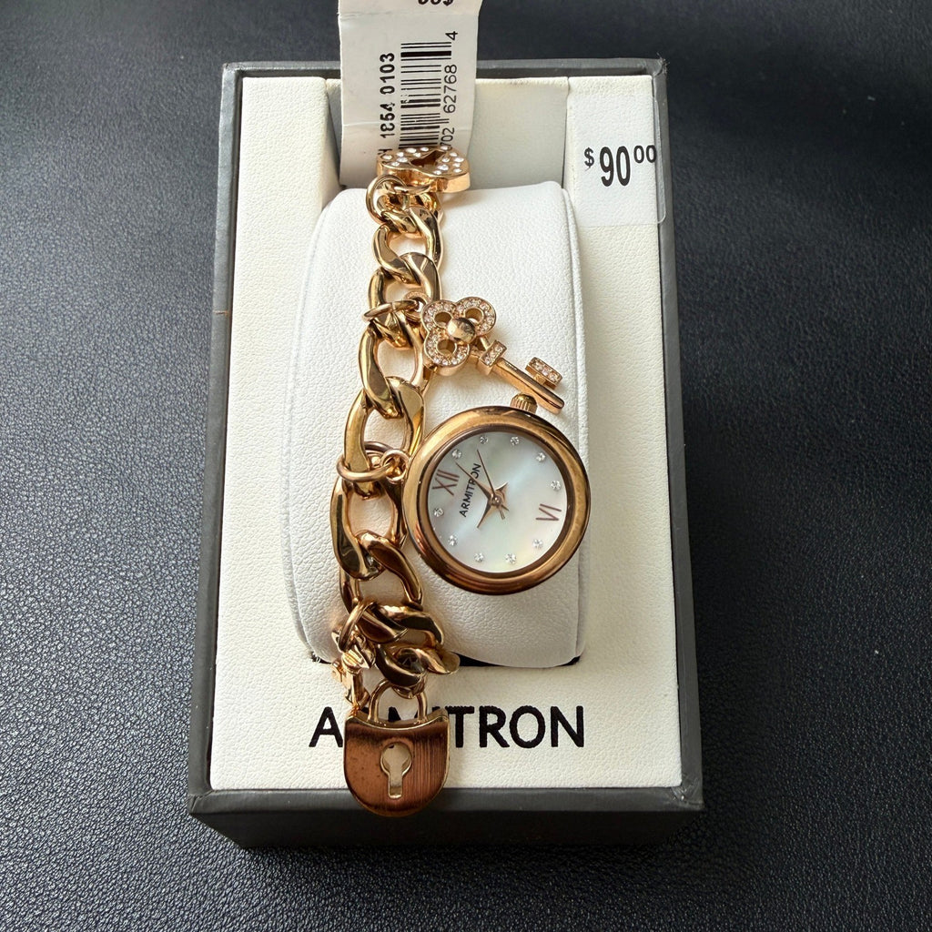 MSRP $90 Armitron 75/5620RG Rose Gold Key & Lock Charm Ladies Watch New Battery
