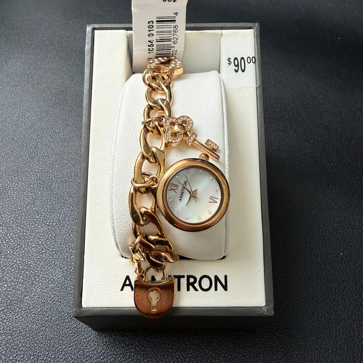 MSRP $90 Armitron 75/5620RG Rose Gold Key & Lock Charm Ladies Watch New Battery