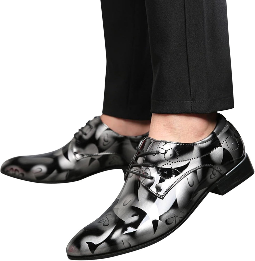 Santimon Mens US 9.5 Grey Floral Patent Leather Pointed Toe Oxford Shoes