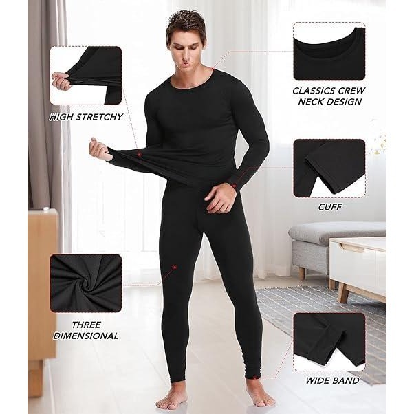 JZCreater Men's M Black Thermal Underwear Set Long Johns Fleece Lined Base Layer