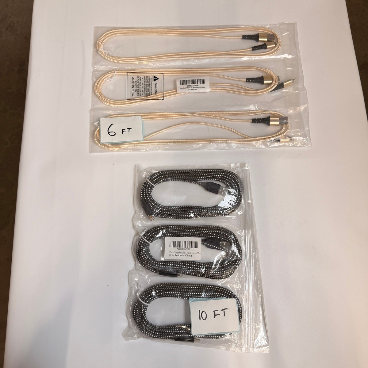 Lot of 6 USB-A to Lightning Fast Charging Braided Cables 6ft 10ft