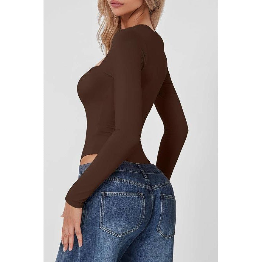 MSRP $28 QINSEN Women's XS Sexy Square Neck Bodysuit Long Sleeve Double Lined