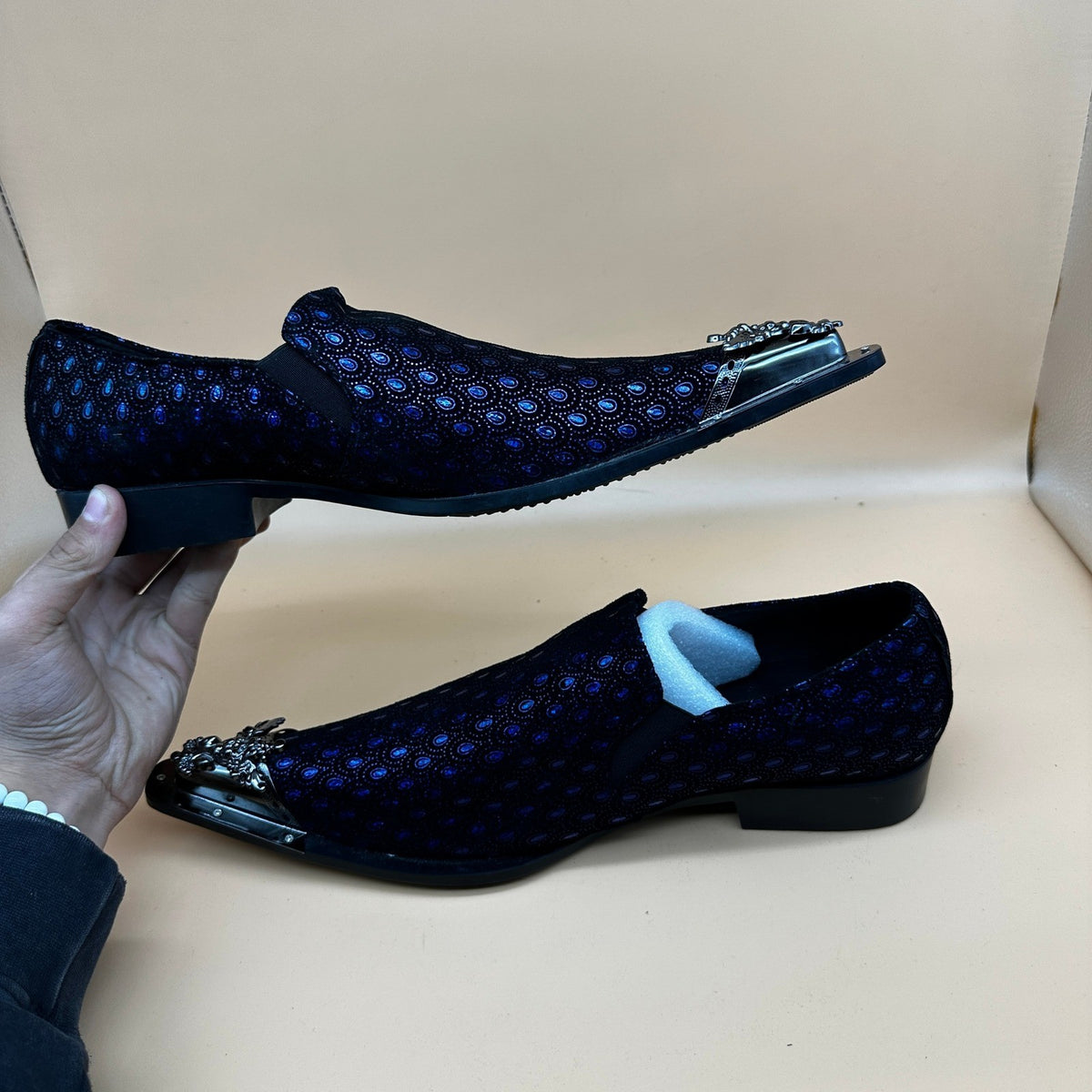 Santimon Men's US 9.5 Black/Blue Leather Metal Tip Western Loafers Dress Shoes