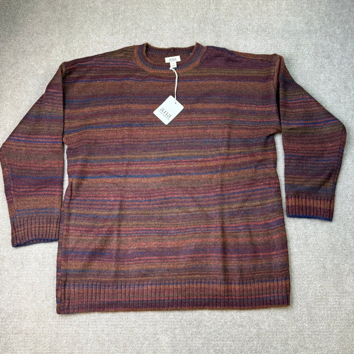 MSRP $38 A.N.A Womens L Multi Spacedye Striped Pullover Crew Neck Sweater Long