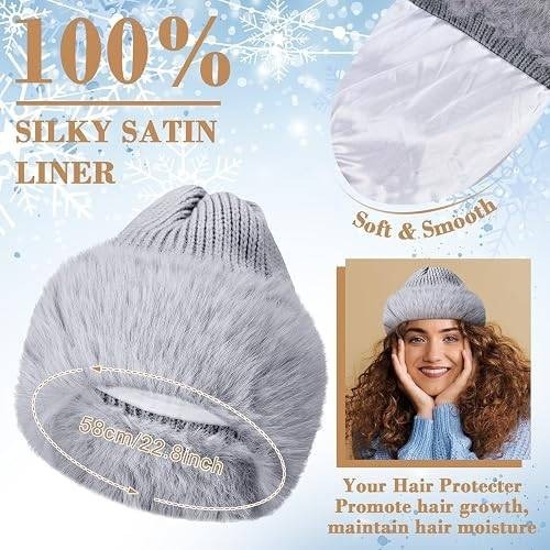 MSRP $18 Skicuff 2 Pcs Faux Fur Knit Beanie Winter Satin Lined Beanie Hat Warm