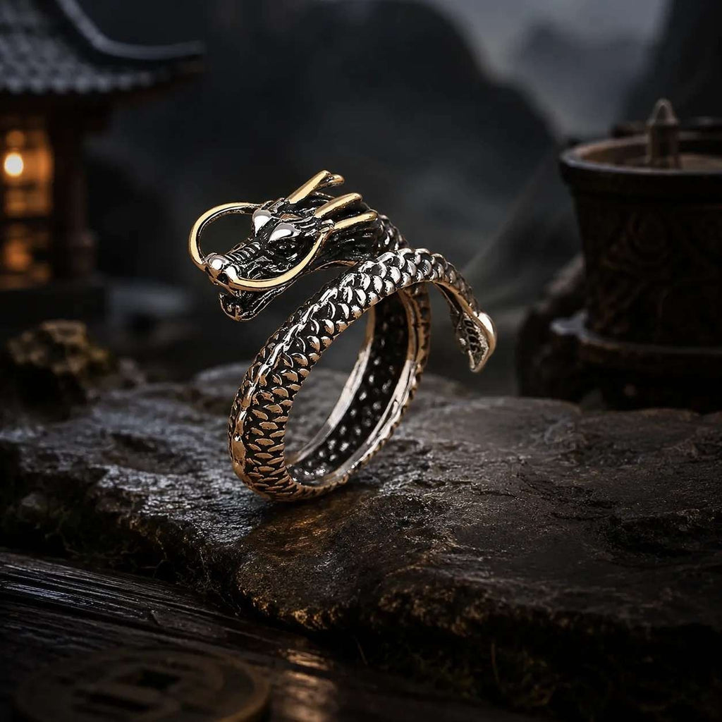 Chinese Dragon Ring Gold Tone Whiskers Men's Women's Stainless Steel Size 10