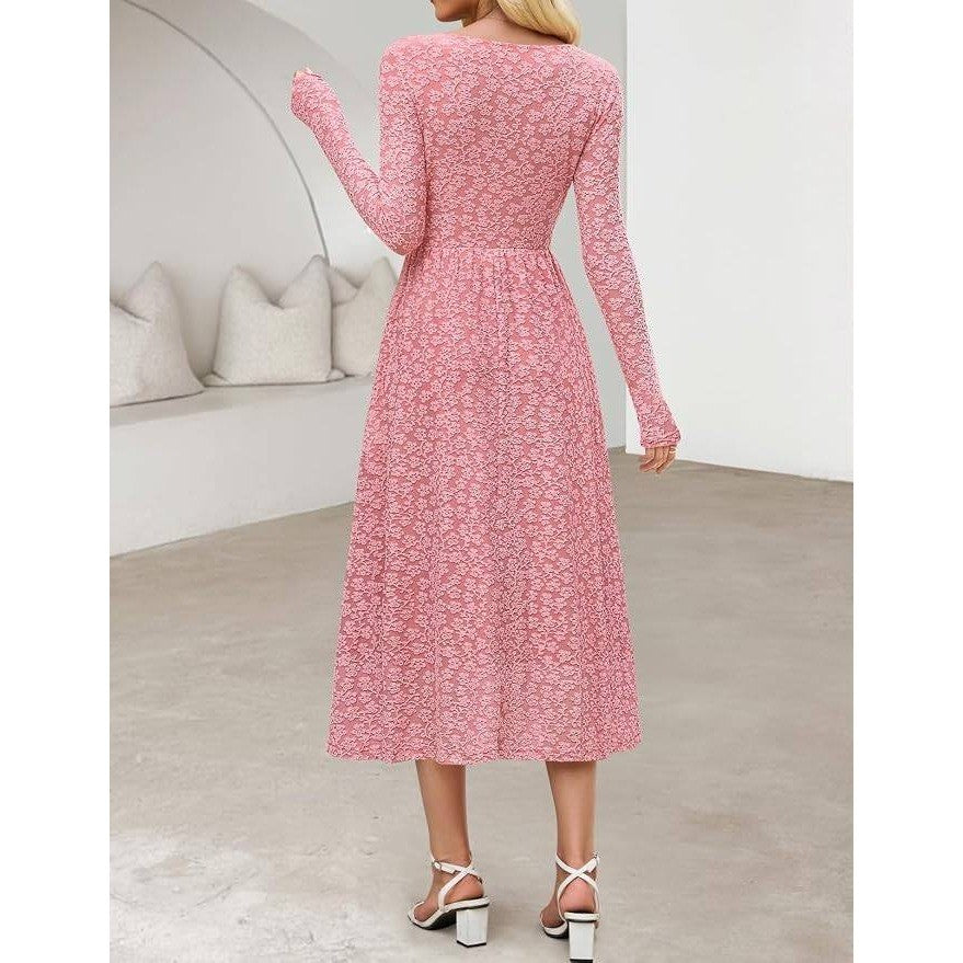 MSRP $30 MEROKEETY Women's S White Floral Midi Dress Long Sleeve Square Neck