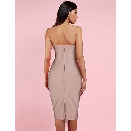 UONBOX Women's S Nude Strapless Elegant Tassel Tube Bodycon Bandage Dress