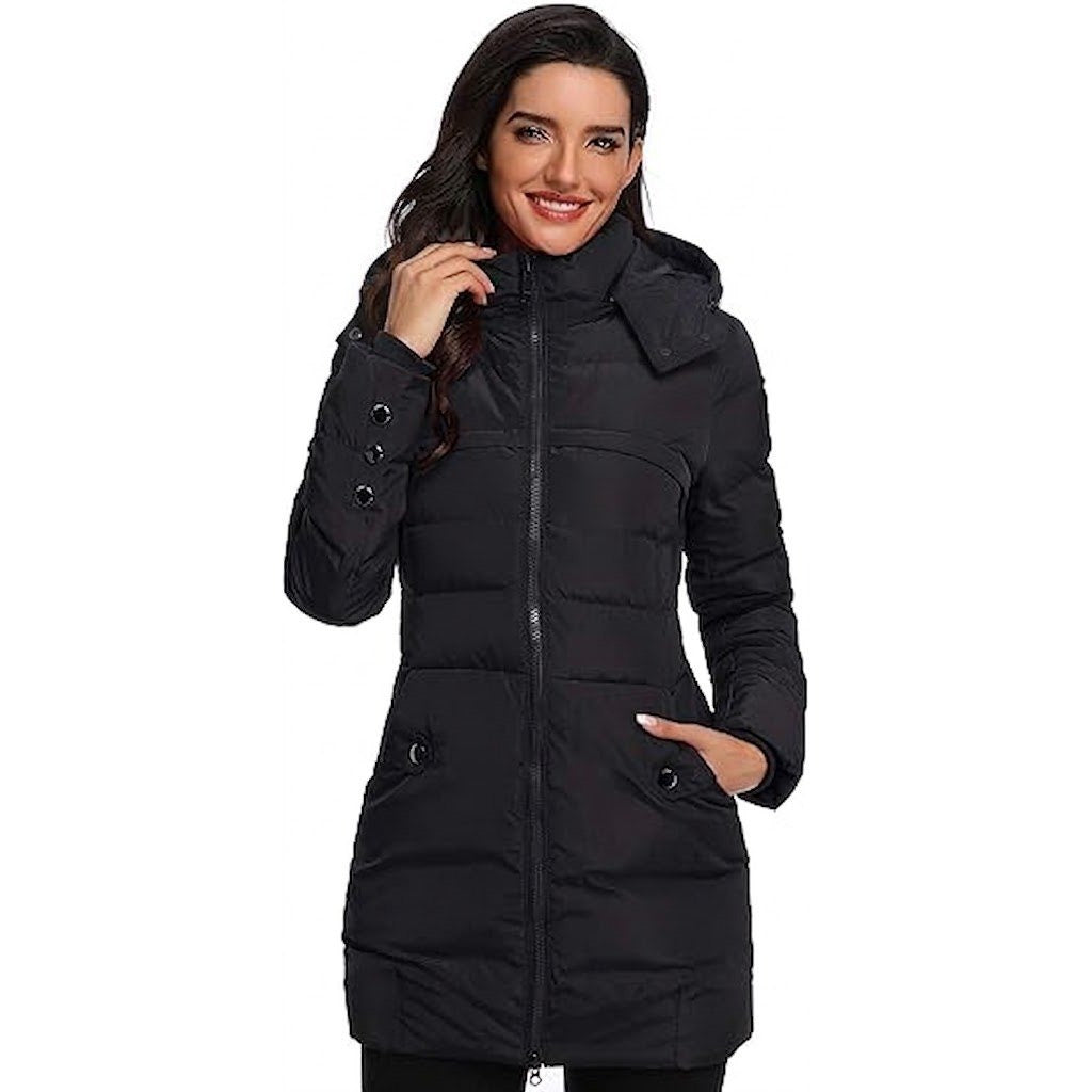 MSRP $125 Epsion Women's M Black Hooded Thickened Long Down Jacket Winter Dow