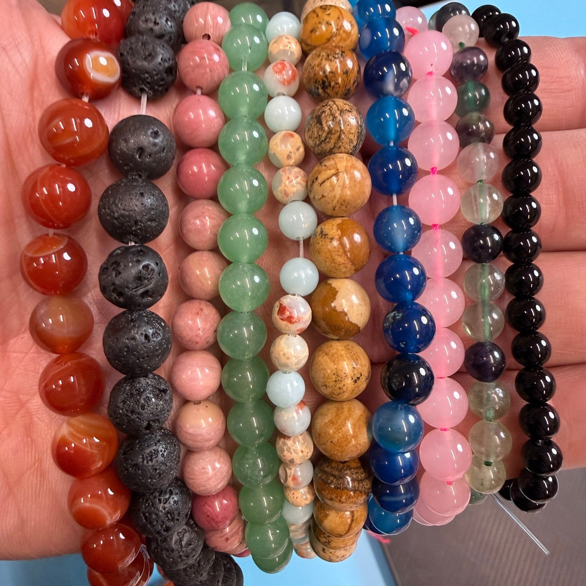 Set of 10 Natural Gemstone Round Beads Strands 15" Sizes 6,8,10 mm 14oz №B9