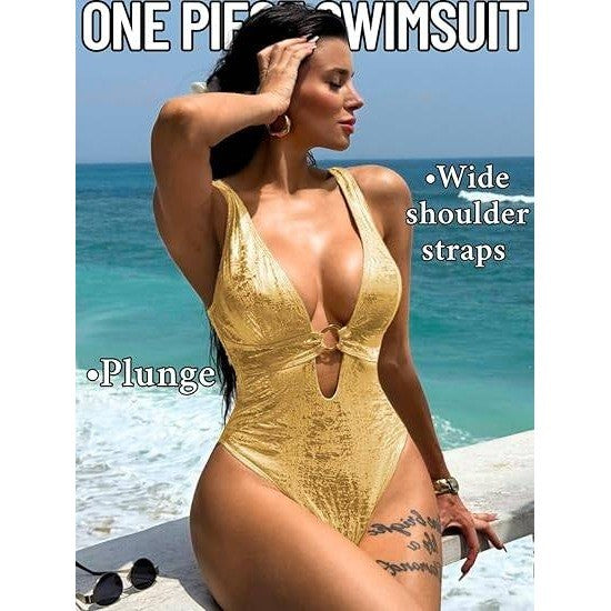 MSRP $48 ChiaoLezhee Women's XXL Gold Metallic One Piece Swimsuit Sexy Plunge