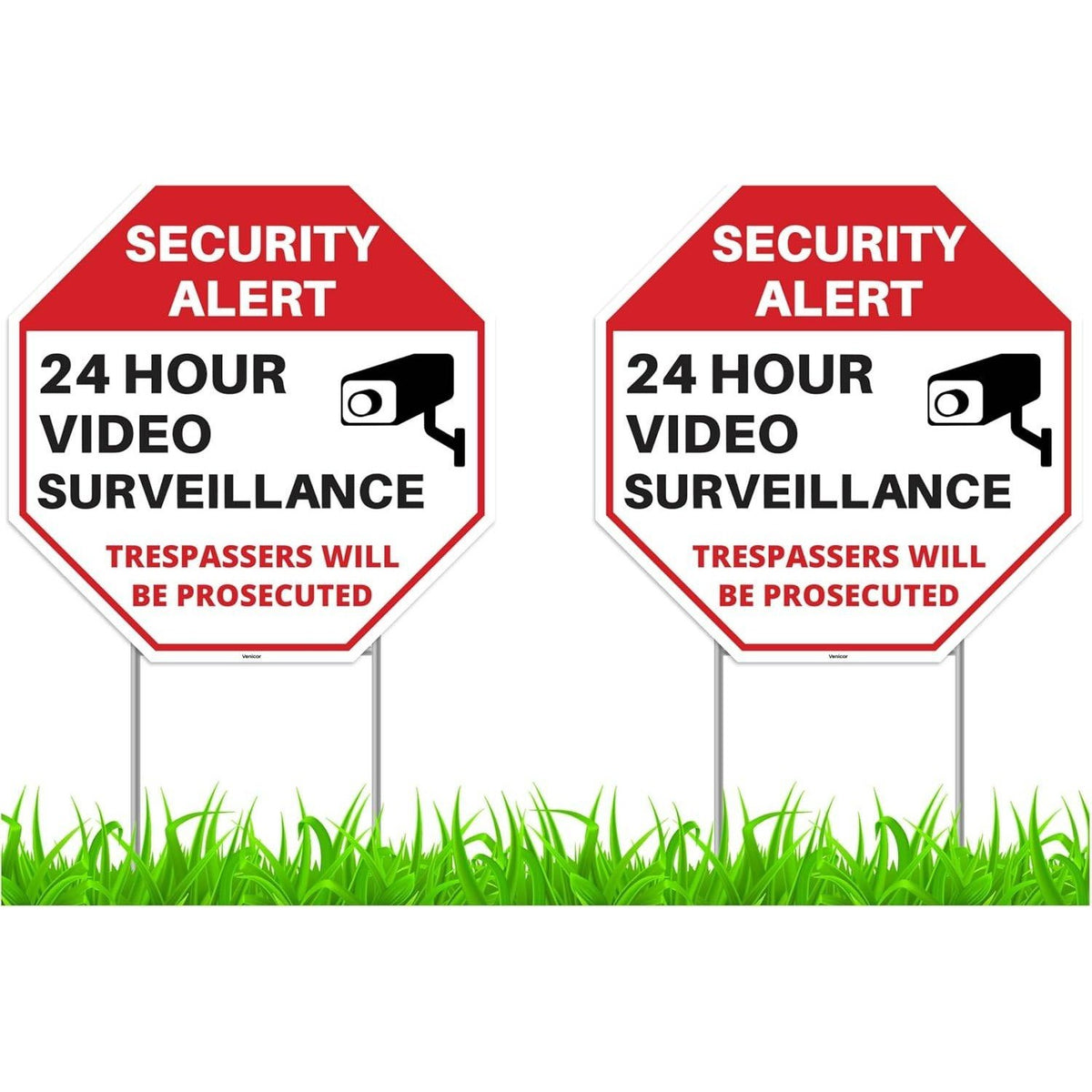 Pack of 2 Venicor 12"x12" 24 Hour Video Surveillance Sign with Stakes Sign