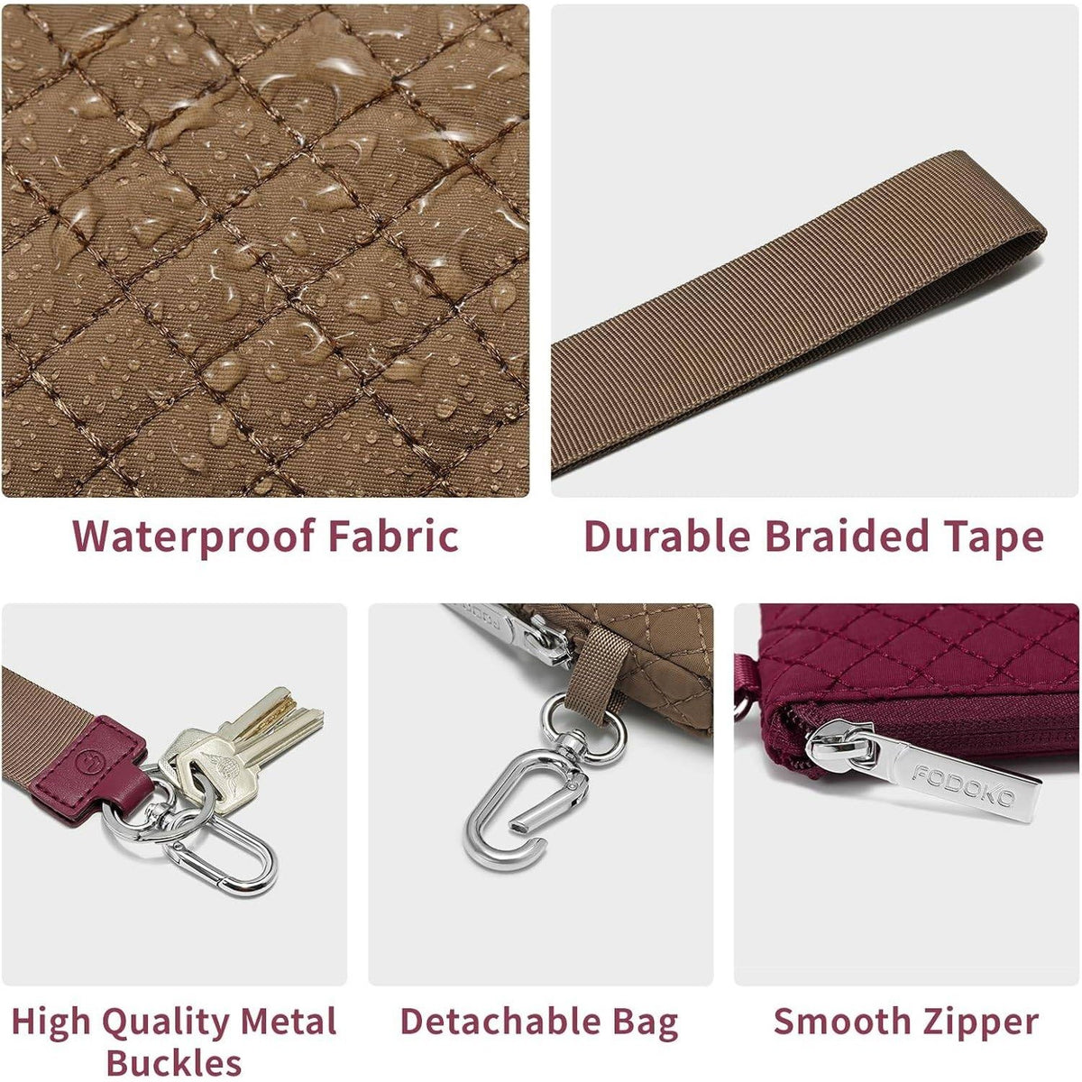 FODOKO Wristlet Wallet for Women Brown/Burgundy, Detachable Dual Pouch