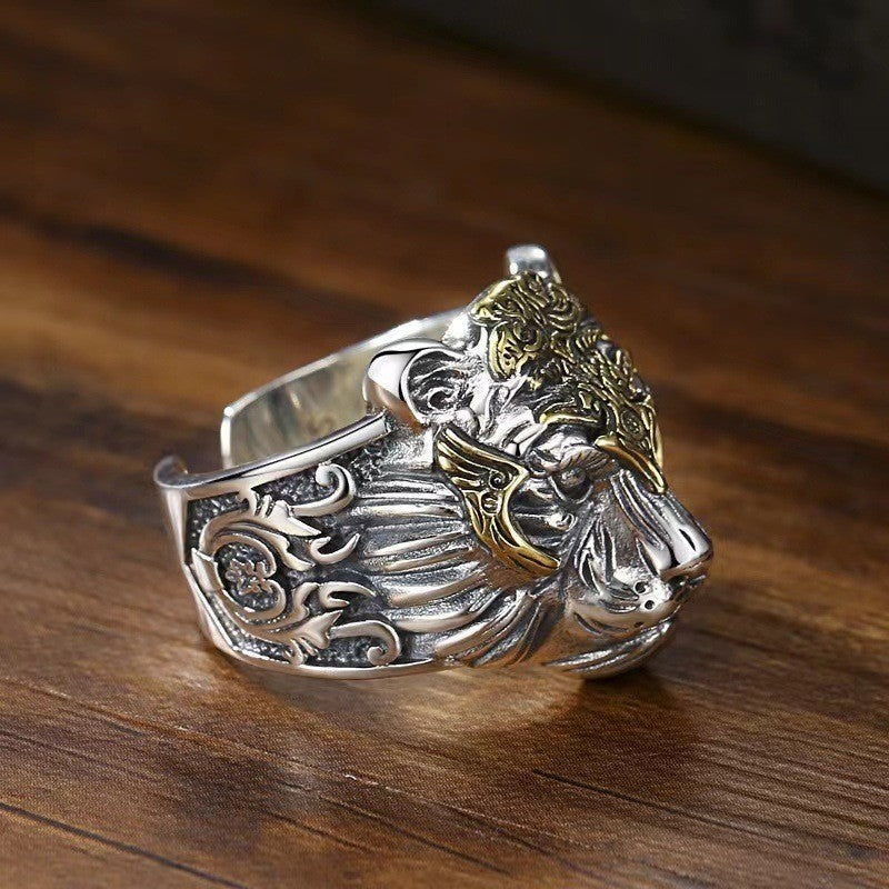 Tiger Head Ring Men's Two Tone Gothic Biker Rock Punk Size 9 Adjustable 8-10