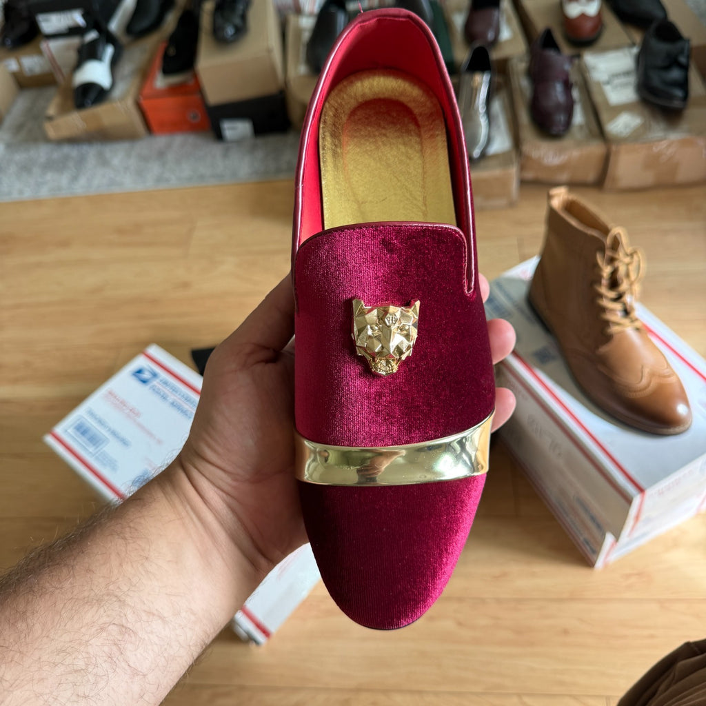Santimon Mens Red US 6.5, 8 Velvet Loafers Golden Animal Buckle Slip-On Formal D