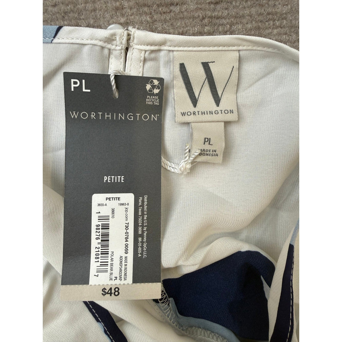 MSRP $48 Worthington Womens L Petite Polar Bear Blue Satin Blouse Boat Neck El