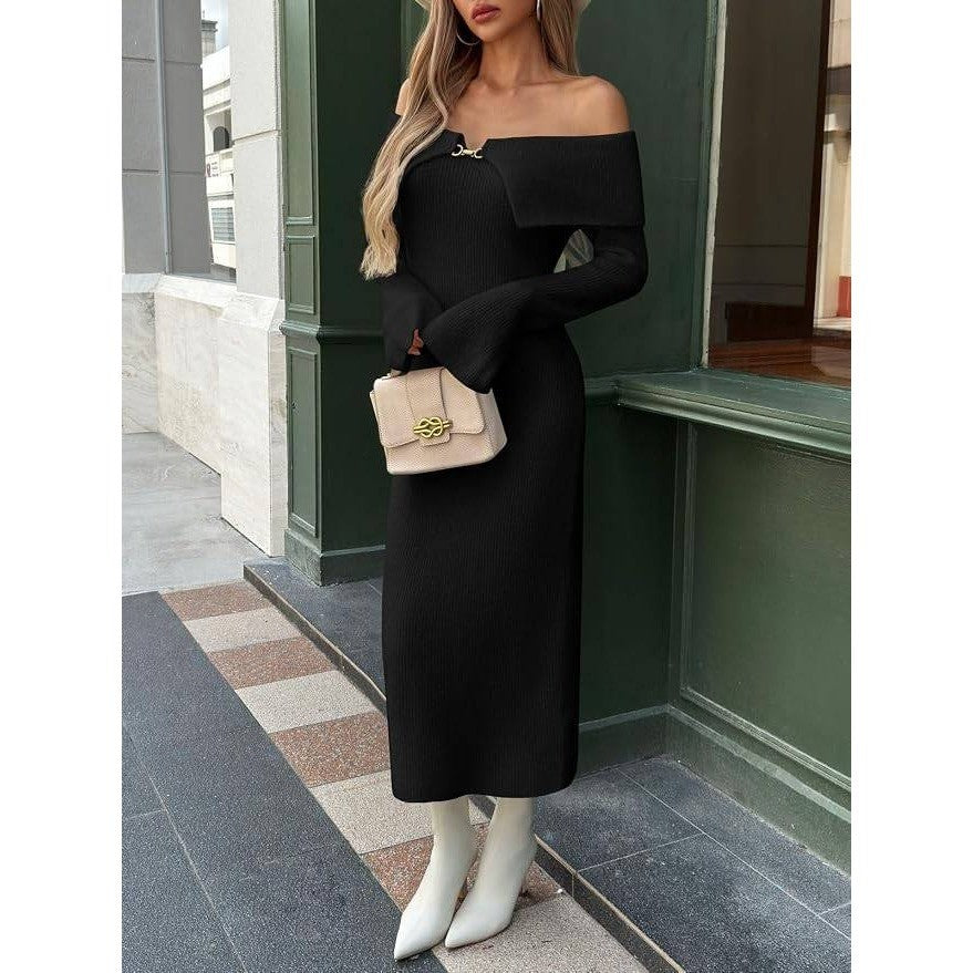 MSRP $50 Saodimallsu Women's S Black Off The Shoulder Maxi Sweater Dress Long