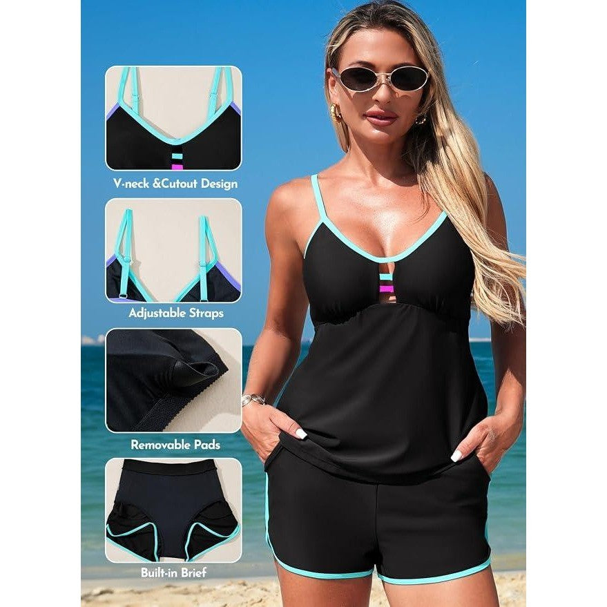 MSRP $36 Aleumdr Women's XL Blouson Color Block Tankini Swimsuit Tummy Control