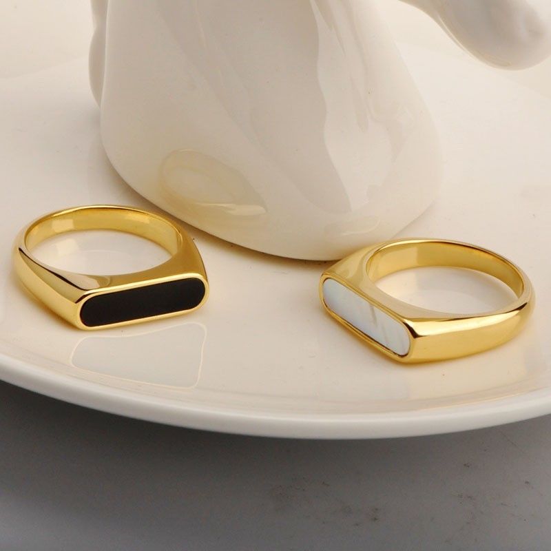 Mother Of Pearl Signet Ring Titanium Steel Gold Tone Unisex Jewelry Size 6-9