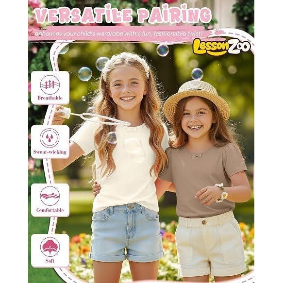 NWT LessonZoo 3 Pack Girls 9-10Y Cream/Khaki/Brown Bow Crewneck Tees Short S