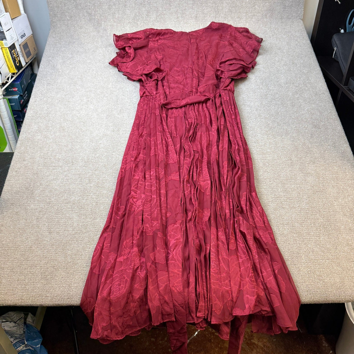 MSRP $110 Melonie T Womens 20W Wine Short Sleeve Floral Midi Dress Tie Waist