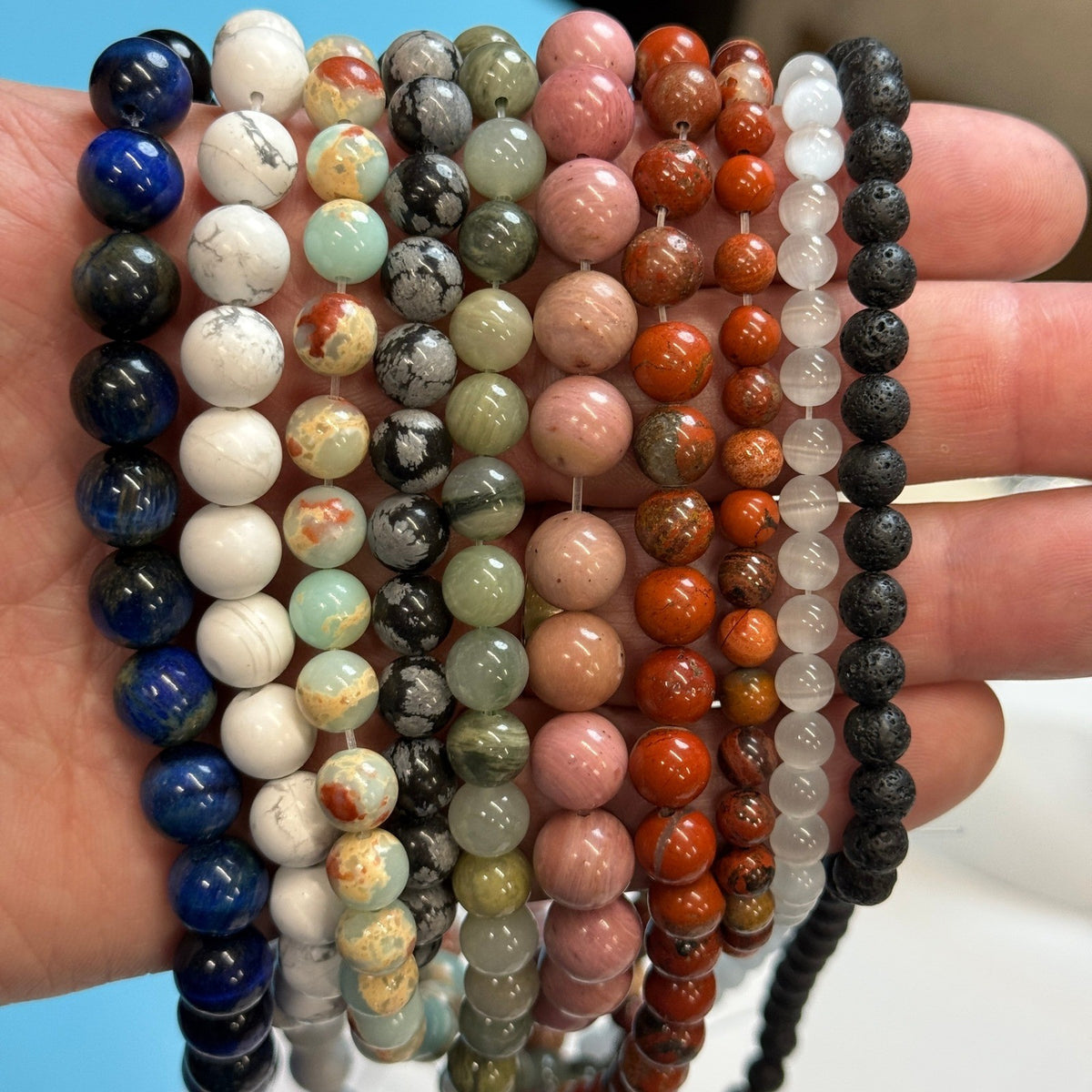 Set of 10 Natural Gemstone Round Beads Strands 15" Sizes 6,8,10 mm 14oz №B17