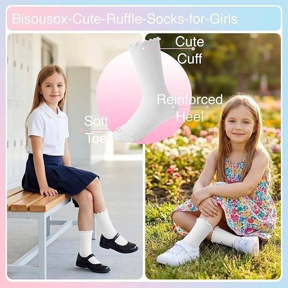 Set of 5 BISOUSOX Girls M 6-8Y White Ruffle Socks Cute Frilly Cotton Dress Sock