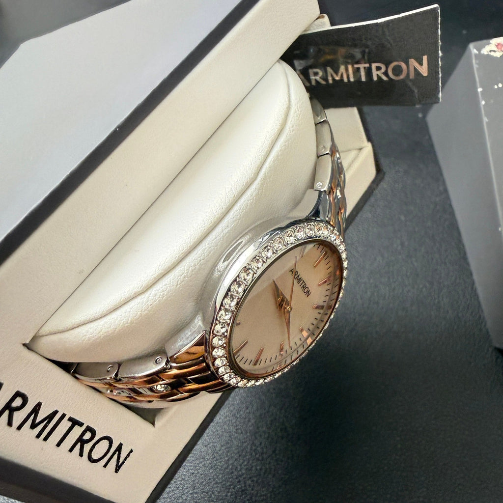 Armitron Women's 75/5802TR Silver/Rose Gold Crystal Bracelet Watch New Battery