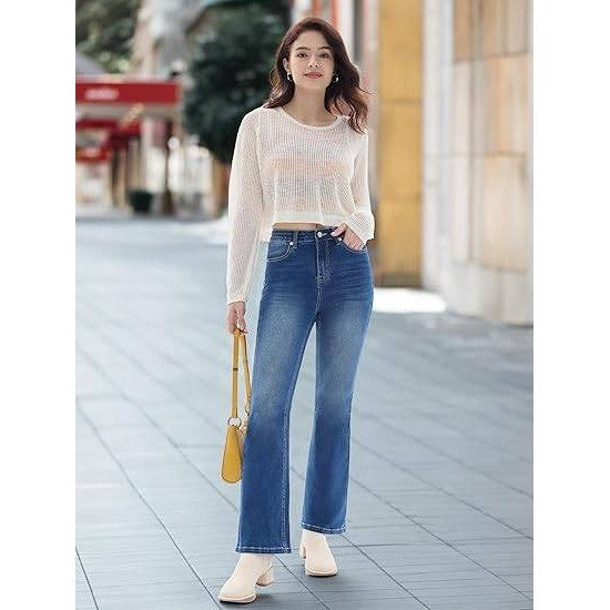 MSRP $57 Prettyleaf Women's Blue L 28" Petite Stretch Flare Jeans High Waisted