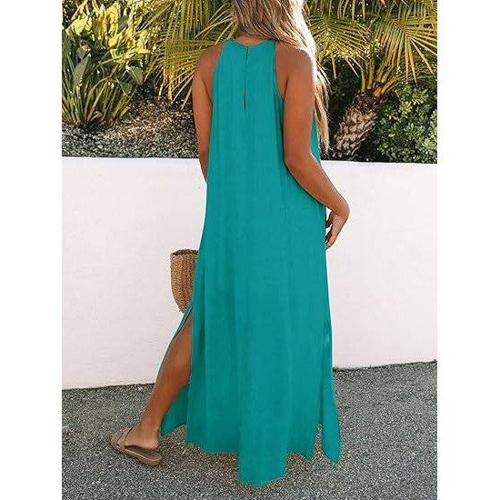 MSRP $52 FARORO Women's XL Peacock Sleeveless Long Dress Boho Halter Maxi
