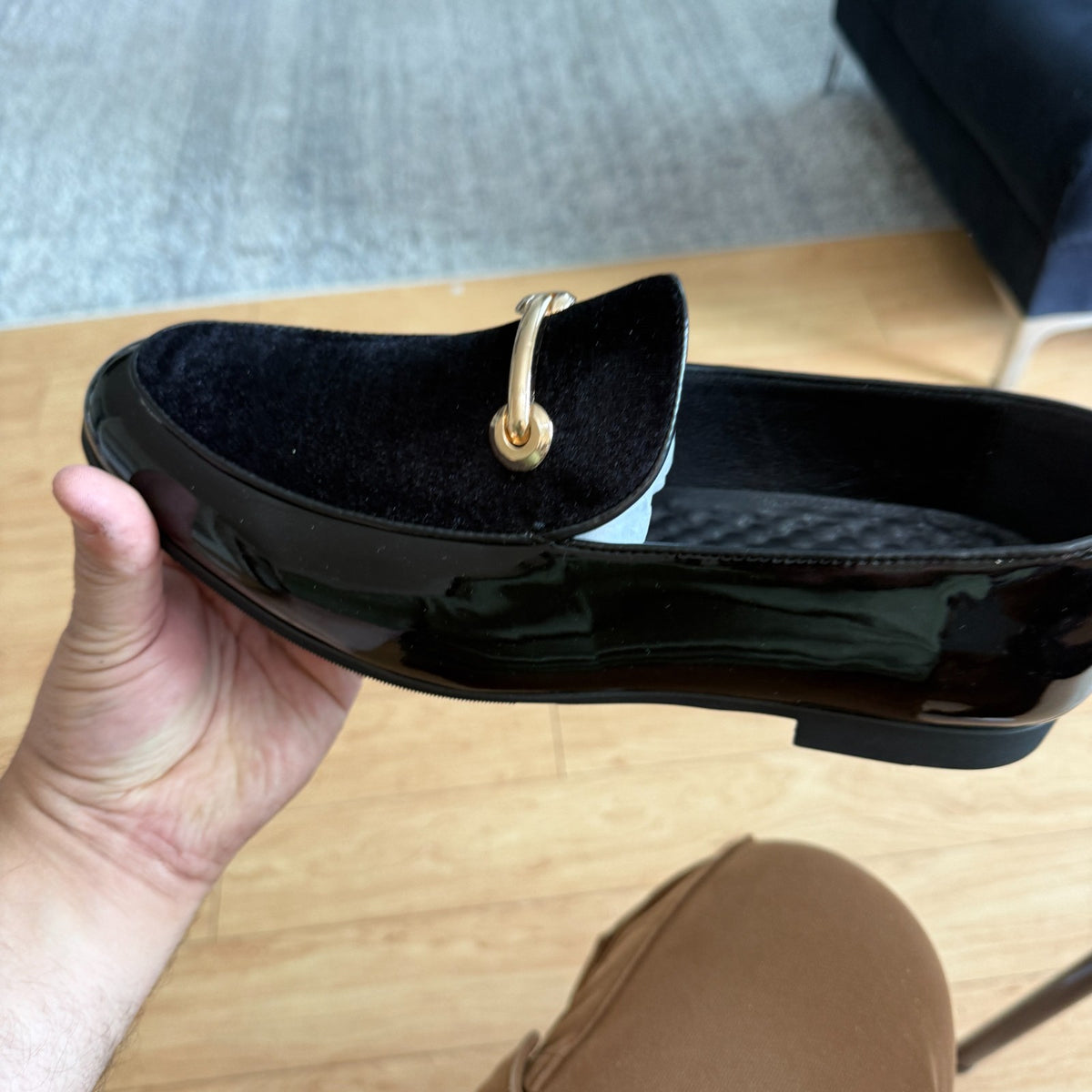 Santimon Men's US 10 Black Casual Smoking Loafers Suede Patent Leather Shoes