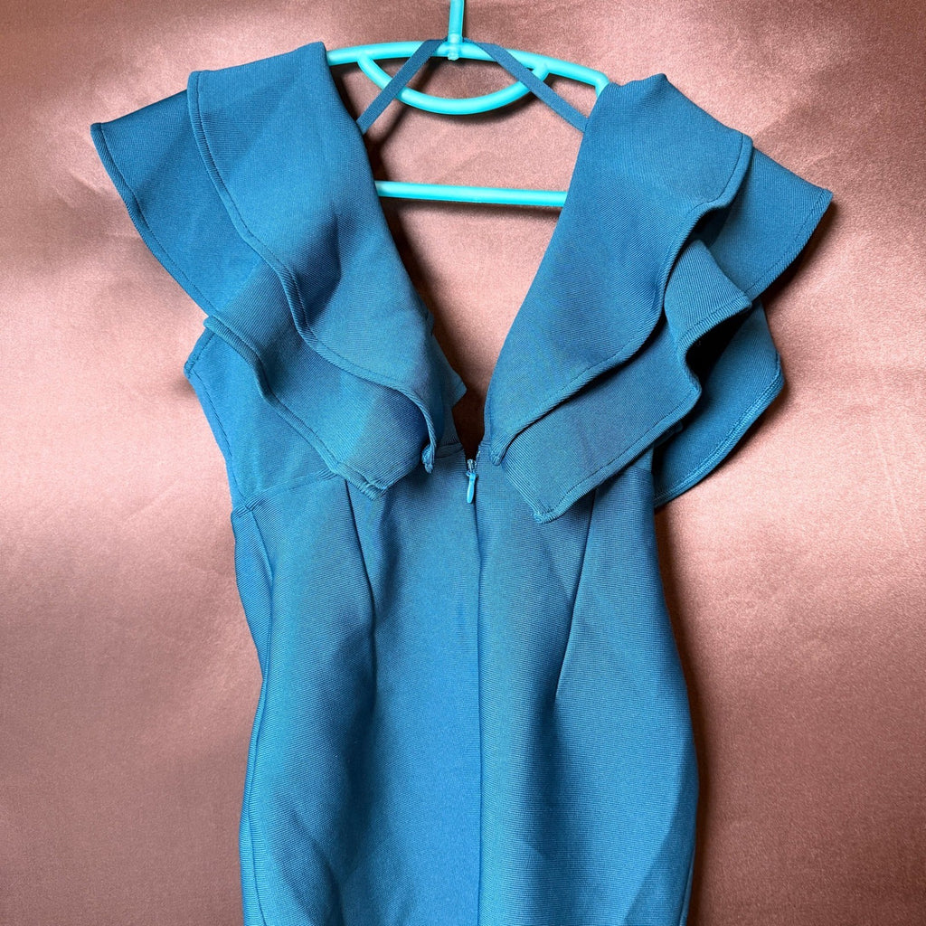 Uonbox Women's M Blue Ruffle Short Sleeve Plunge V Neck Bodycon Dress Back Spli