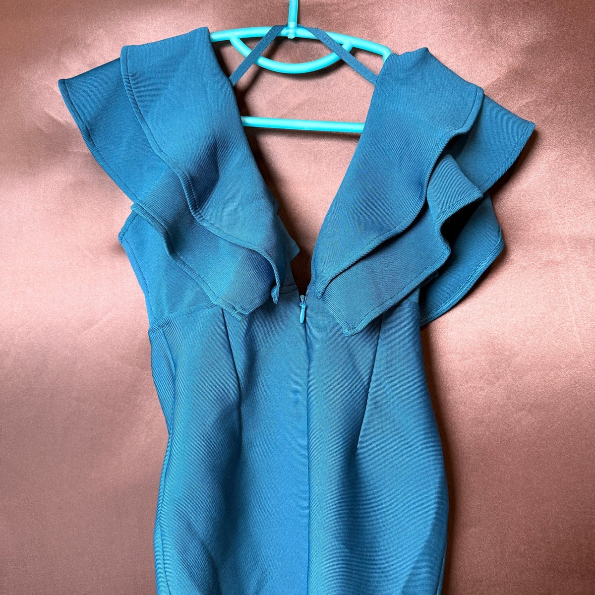Uonbox Women's M Blue Ruffle Short Sleeve Plunge V Neck Bodycon Dress Back Spli