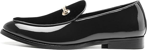 Santimon Men's US 10 Black Casual Smoking Loafers Suede Patent Leather Shoes
