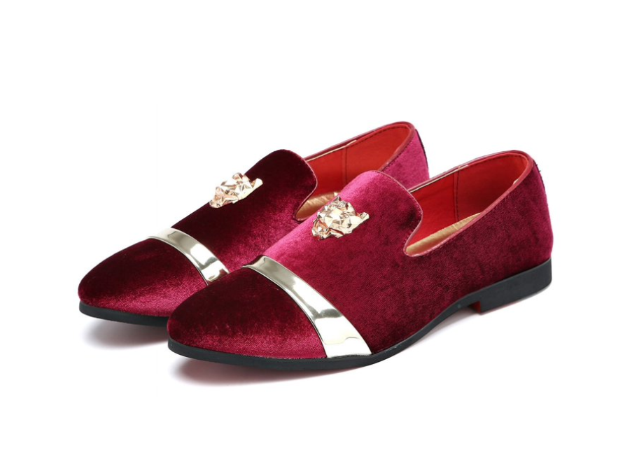 Santimon Mens Red US 6.5, 8 Velvet Loafers Golden Animal Buckle Slip-On Formal D