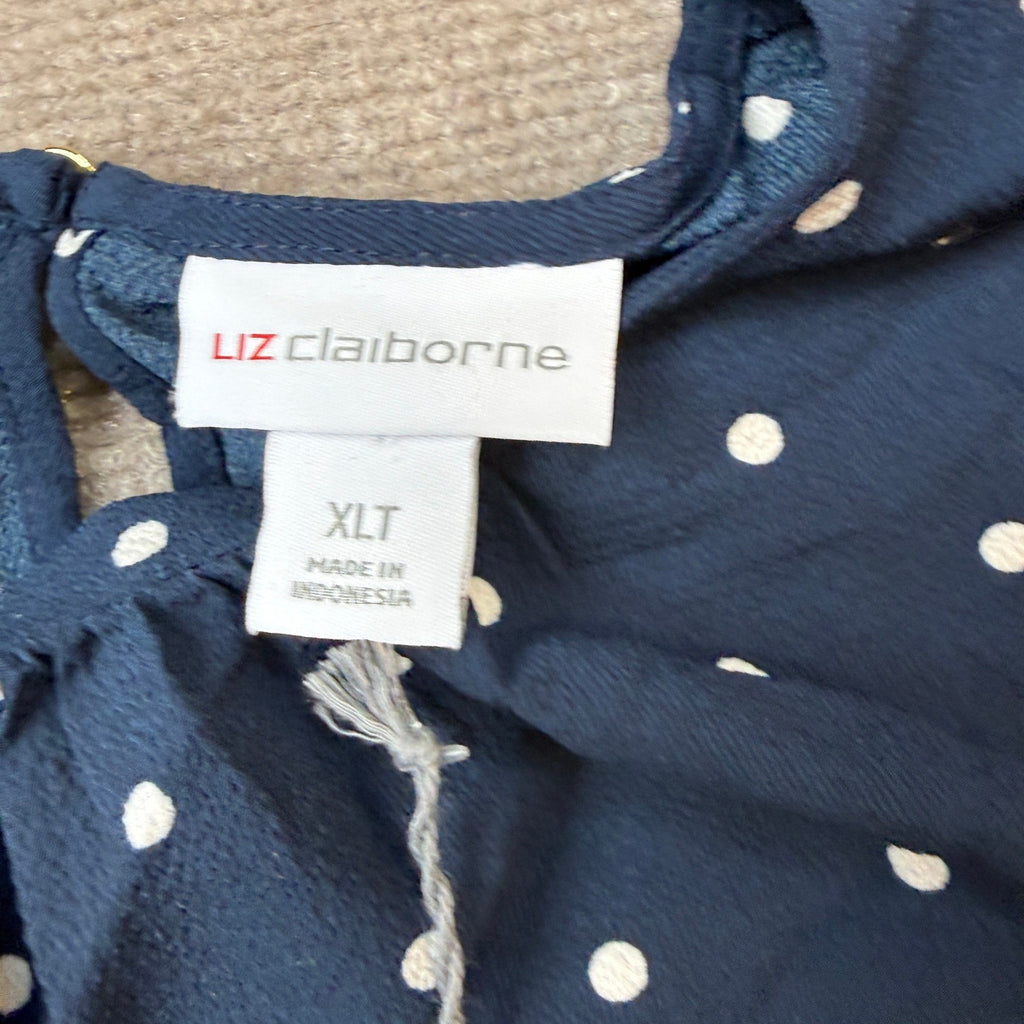 MSRP $48 Liz Claiborne Womens XL Tall Navy/White Polka Dot  Ruffle Sleeve Blous