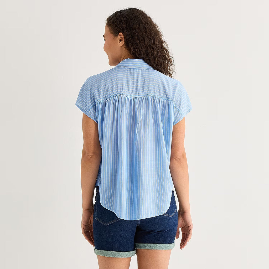 MSRP $44 A.N.A Womens L, XL Blue Stripe Short Sleeve Button-Down Shirt Blouse P
