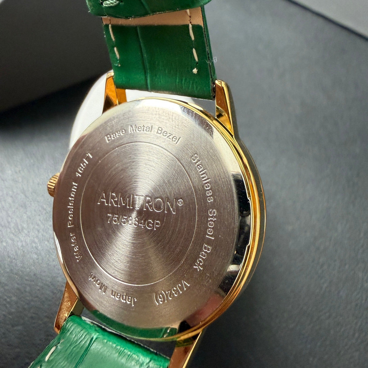 Armitron 75/5834GP Women's Gold Tone Crystal Green Leather Strap Watch New Batt