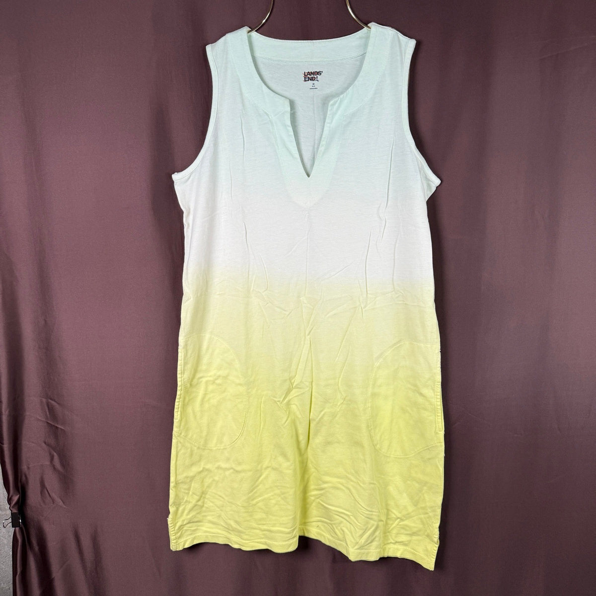 Lands End Womens M Cotton Jersey Sleeveless Swim Cover-up Dress Lemon Lime Ombre