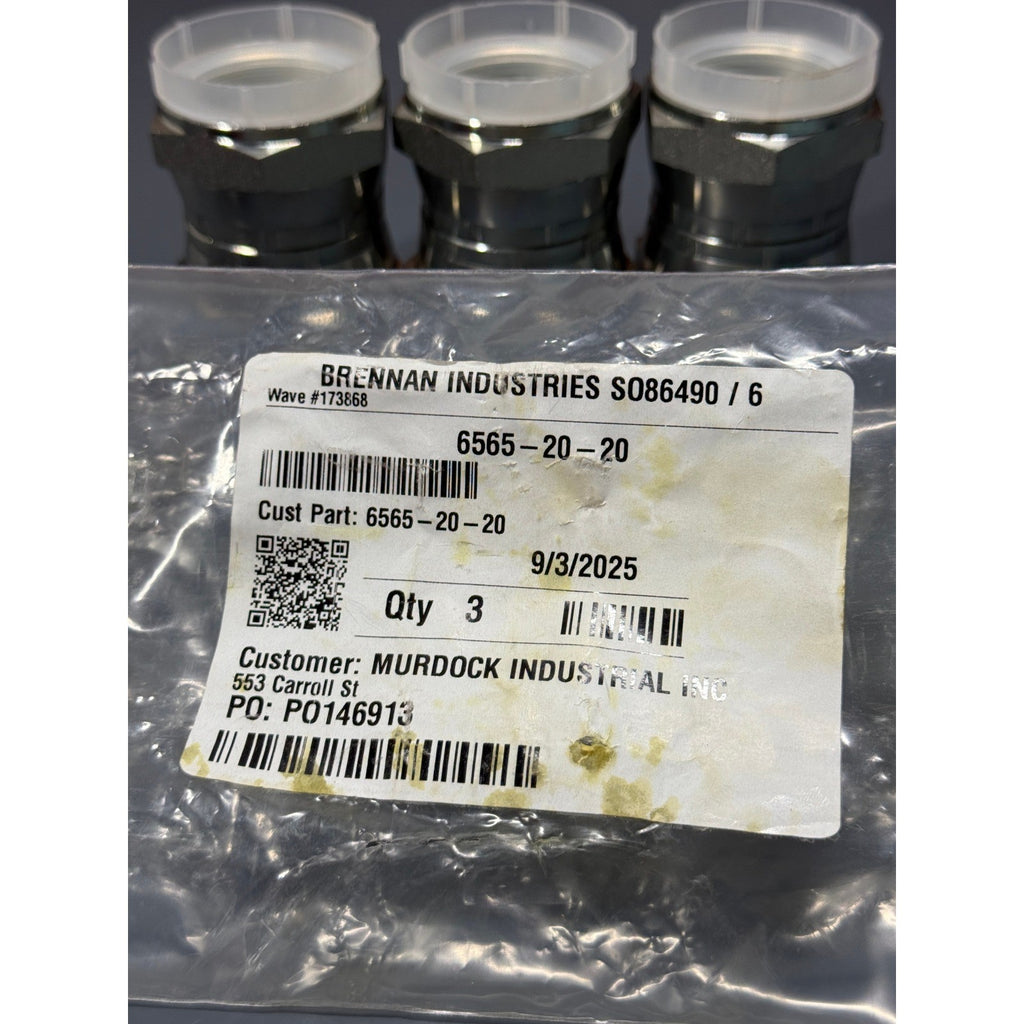 Set of 3 Brennan 6565-20-20 Straight Adapter, 1-1/4" Female 37° JIC x 1-1/4"