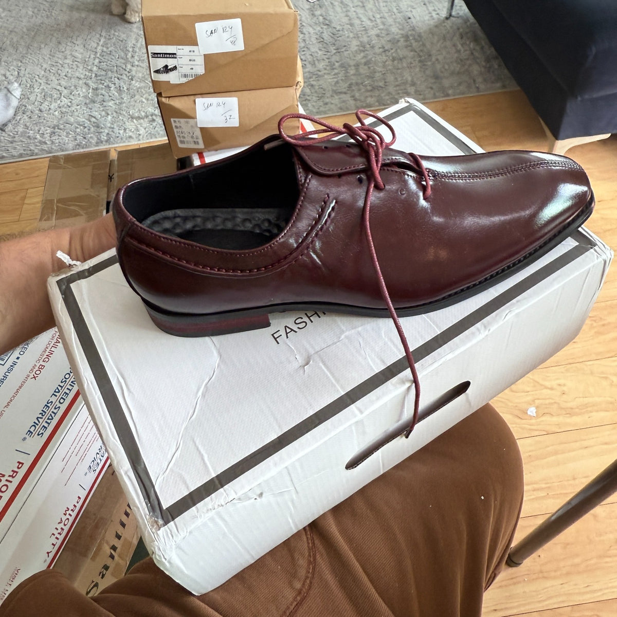 Santimon Men's US 8-9 Burgundy Wholecut Oxfords Almond Toe Lace Up Dress Shoes