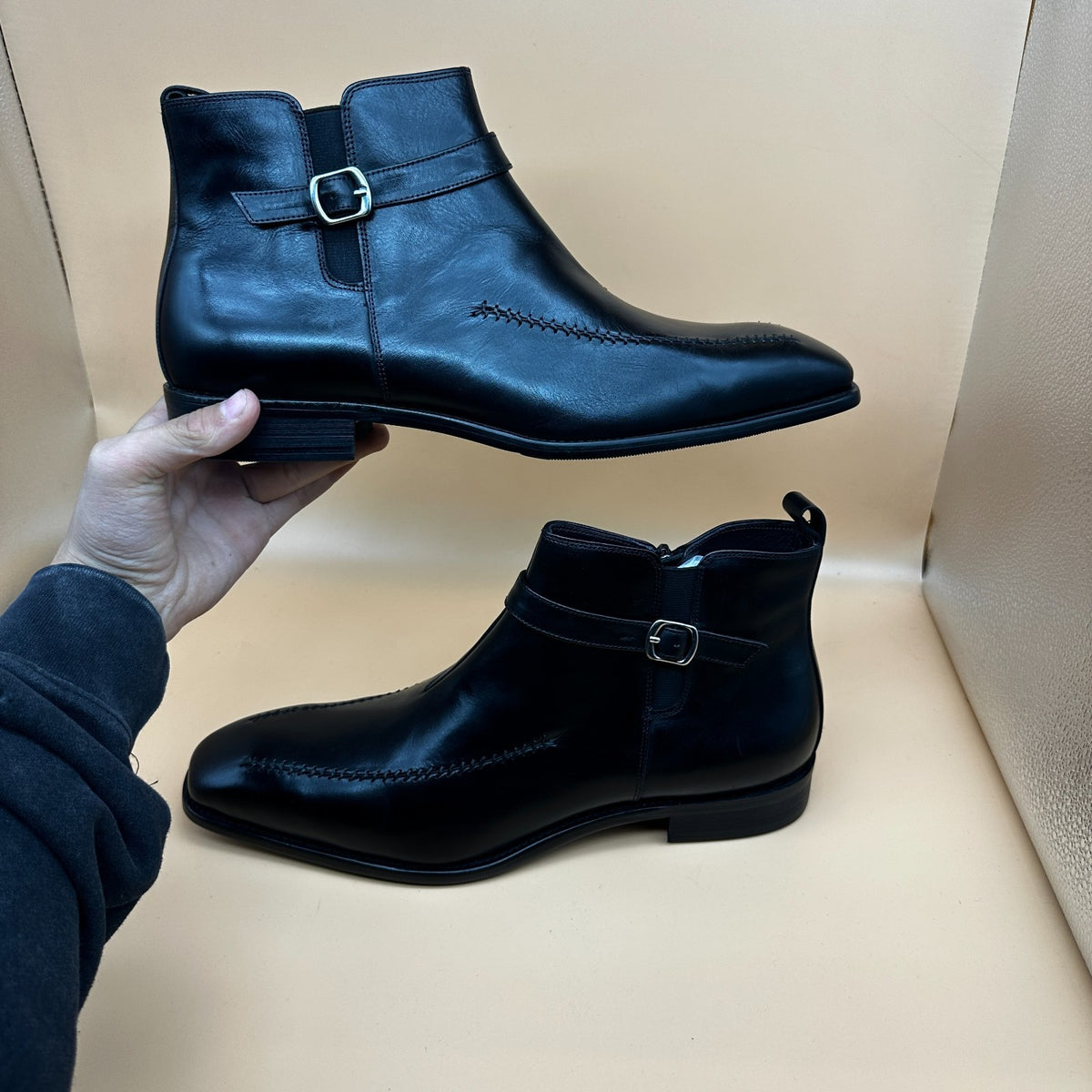 Santimon Men's US 7.5, 12 Black Leather Buckle Strap Zipper Ankle Dress Boots