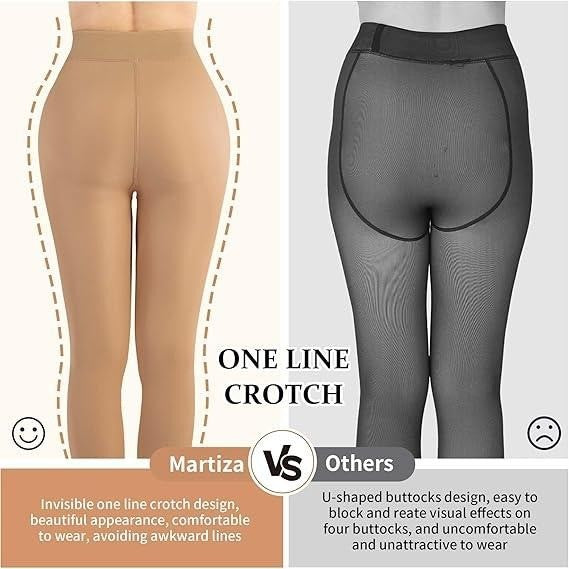 MARTIZA Women's Large-M Beige Fleece Lined Tights Fake Translucent Winter Therma