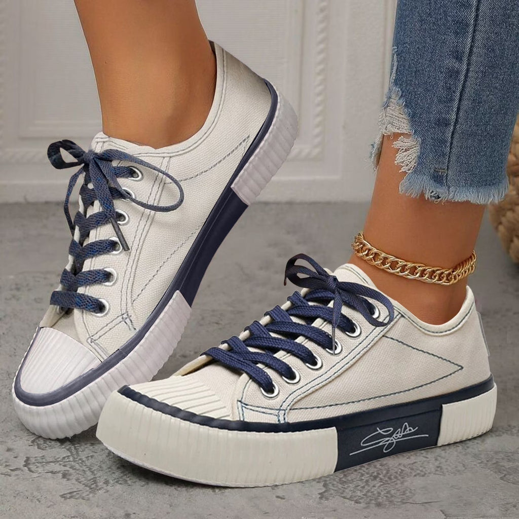 Women's Low Top Canvas Sneakers US 7 Beige Contrast Colors Lace-Up Shoes Ribbed