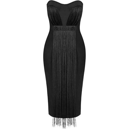 UONBOX Women's XL Black Strapless Elegant Tassel Tube Bodycon Bandage Dress